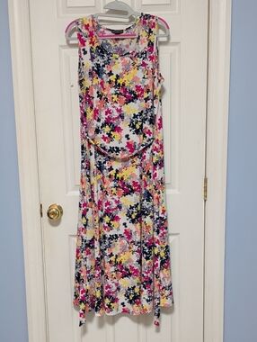 Nina Leonard Floral Maxi Dress in White, Pink & Navy